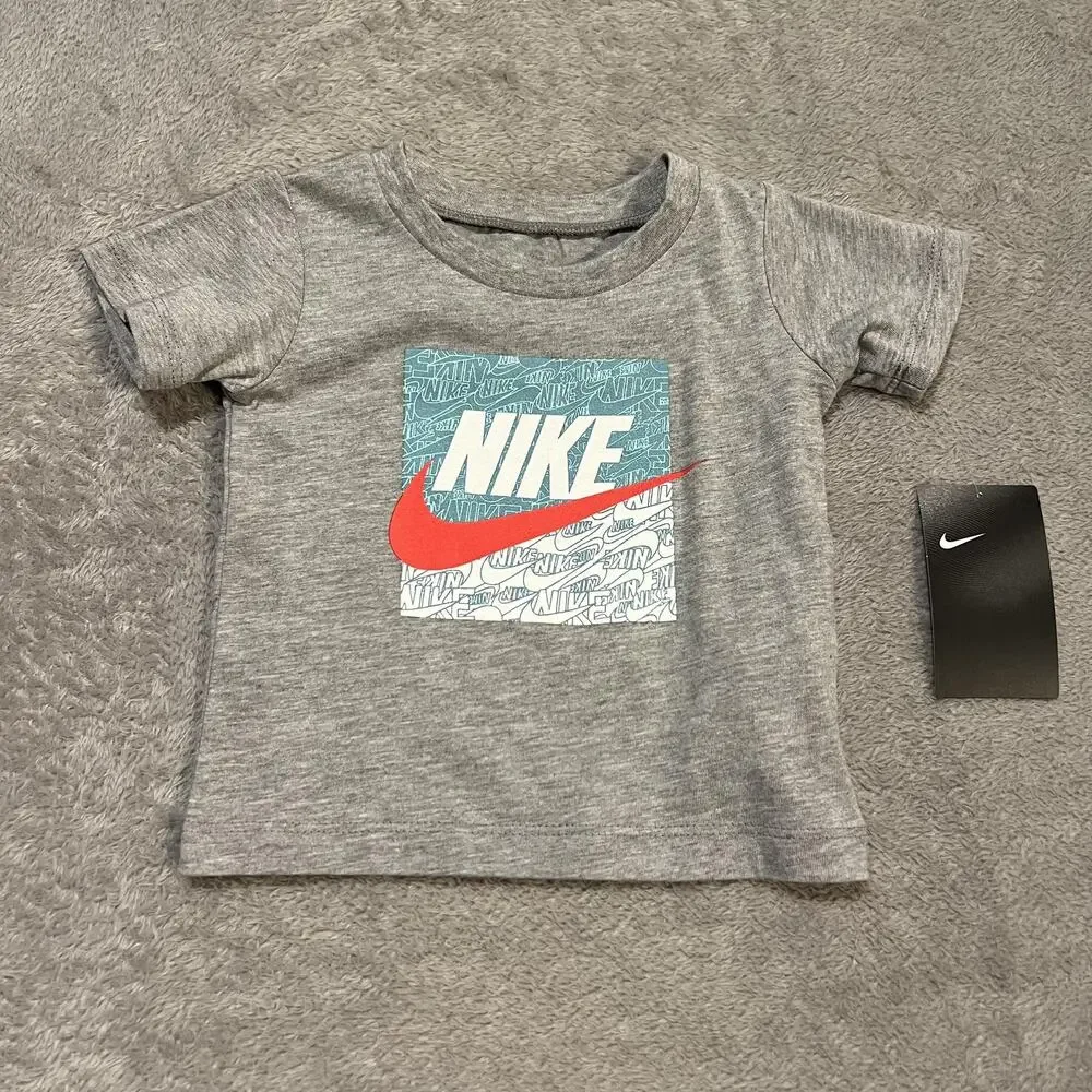 Nike Shirt Tee Baby 12M Gray Box Logo Red Swoosh Graphic Short Sleeve New Tag